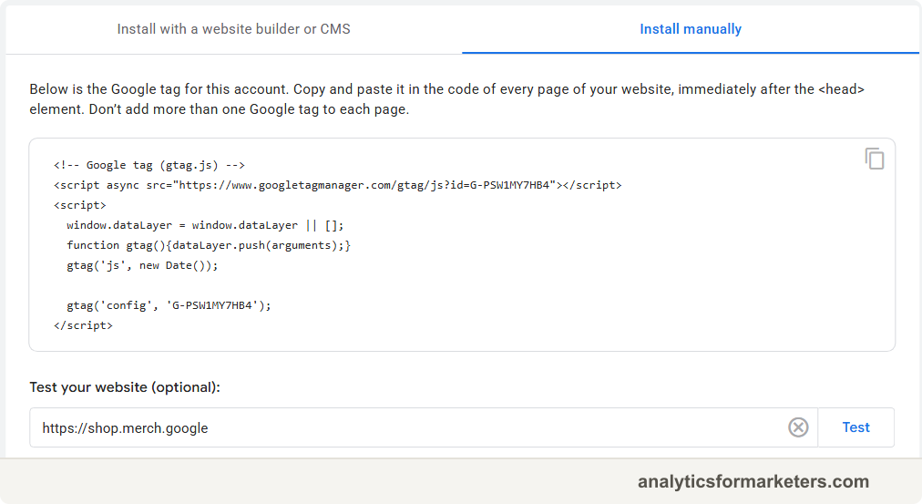 The GA4 View tag instructions panel on the Install manually tab, showing the gtag.js code block with a copy button