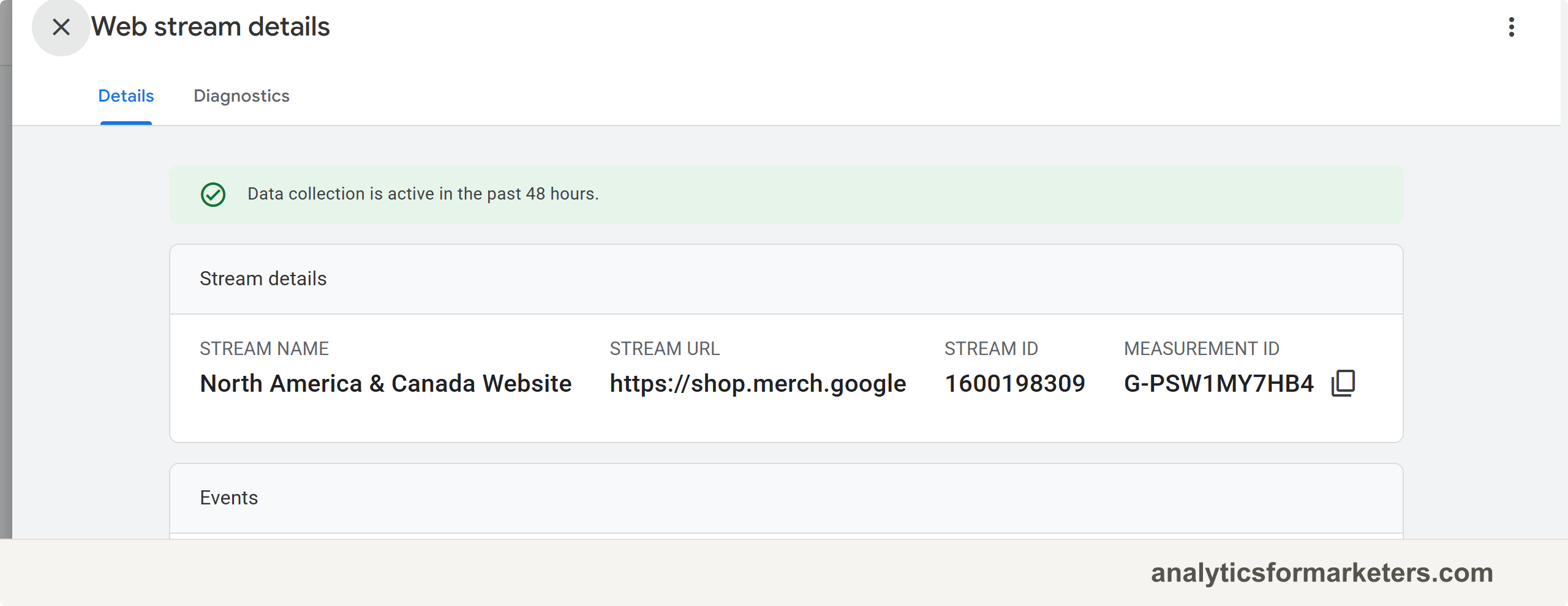The GA4 web stream details panel with the Measurement ID highlighted in the top right