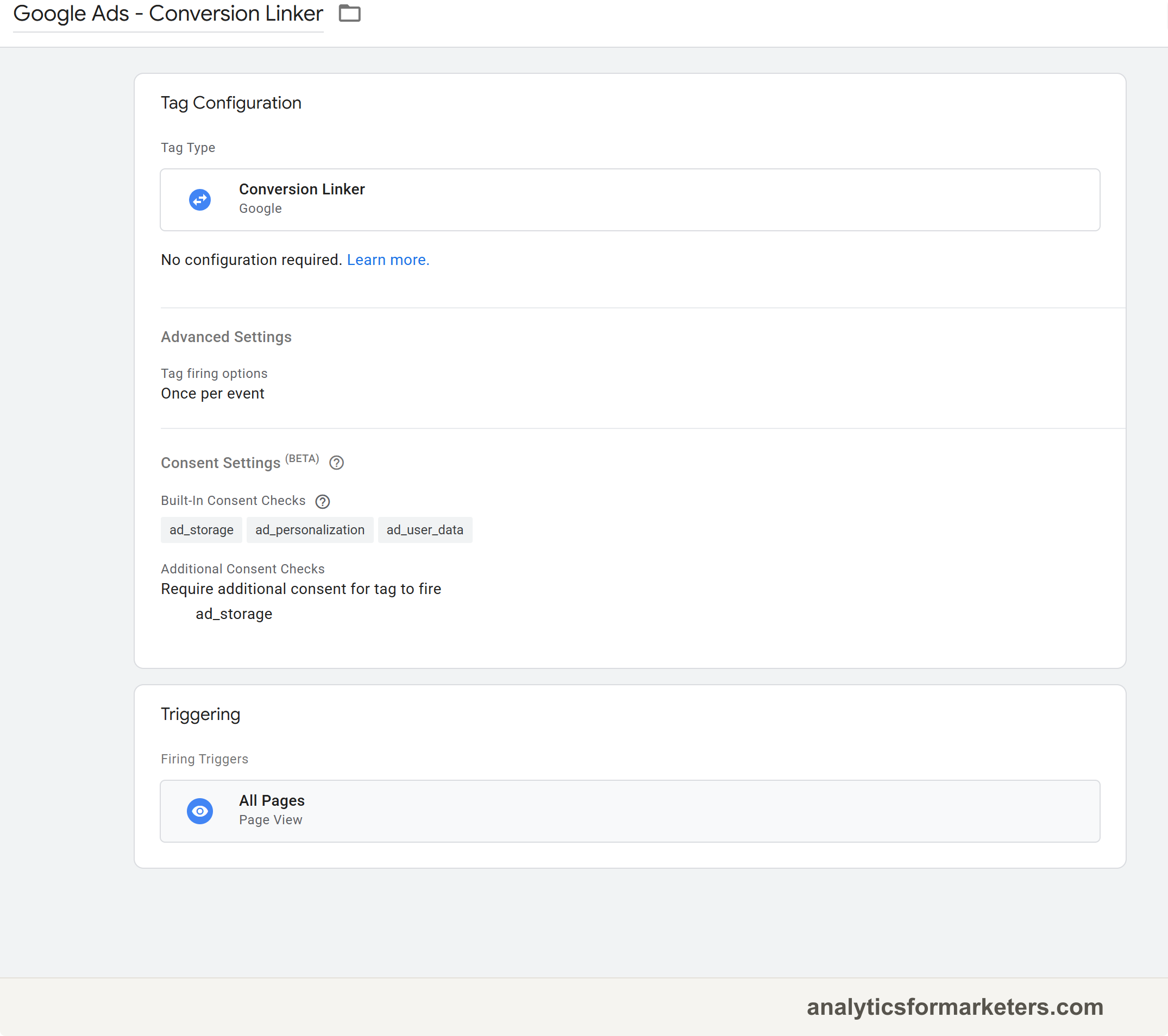 A GTM tag named Google Ads - Conversion Linker with tag type Conversion Linker and the All Pages trigger attached