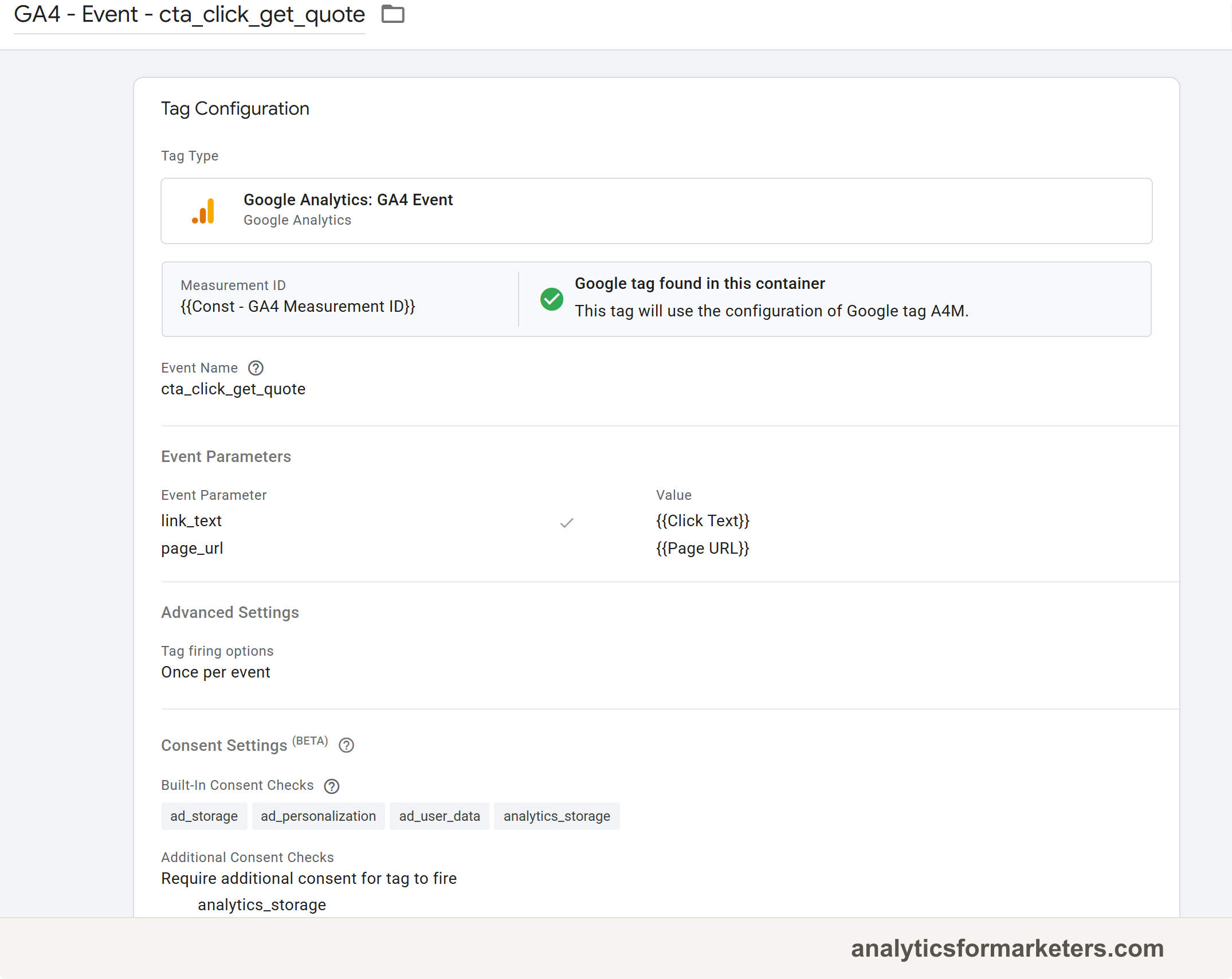 A GTM tag configuration screen showing tag type Google Analytics: GA4 Event, event name cta_click_get_quote, event parameters link_text and page_url, and the Get a Quote click trigger attached