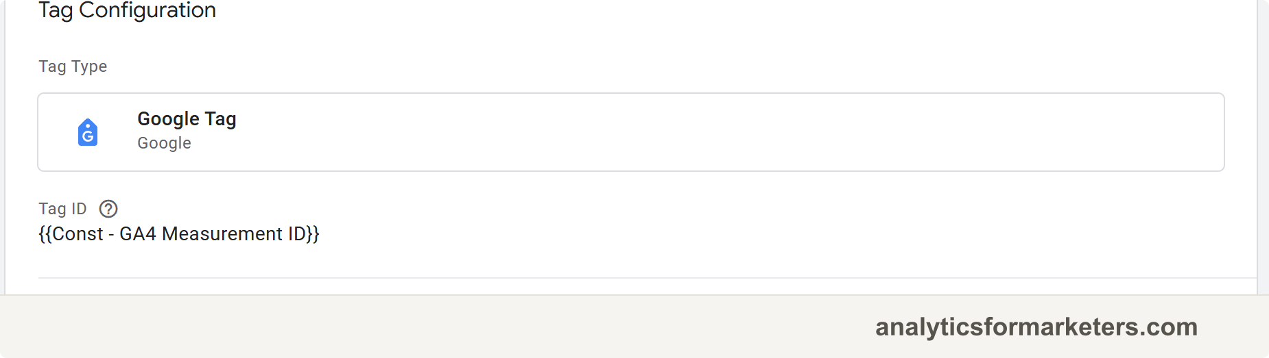 The GTM tag editor with Google Tag selected as the tag type and a G- Measurement ID pasted into the Tag ID field