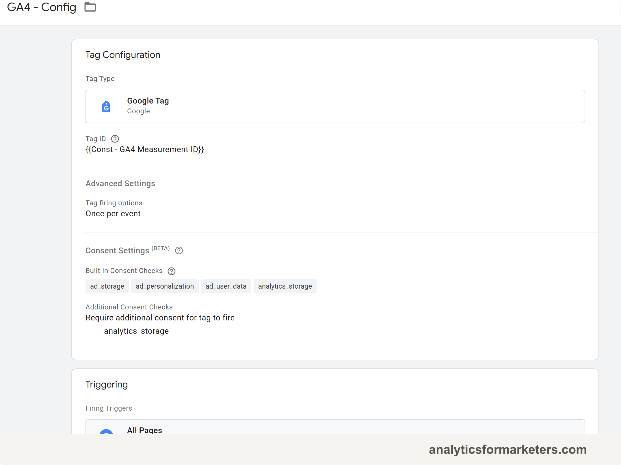 The saved GA4 tag in GTM showing the Google Tag configuration with the Measurement ID and the Initialization - All Pages trigger attached below it