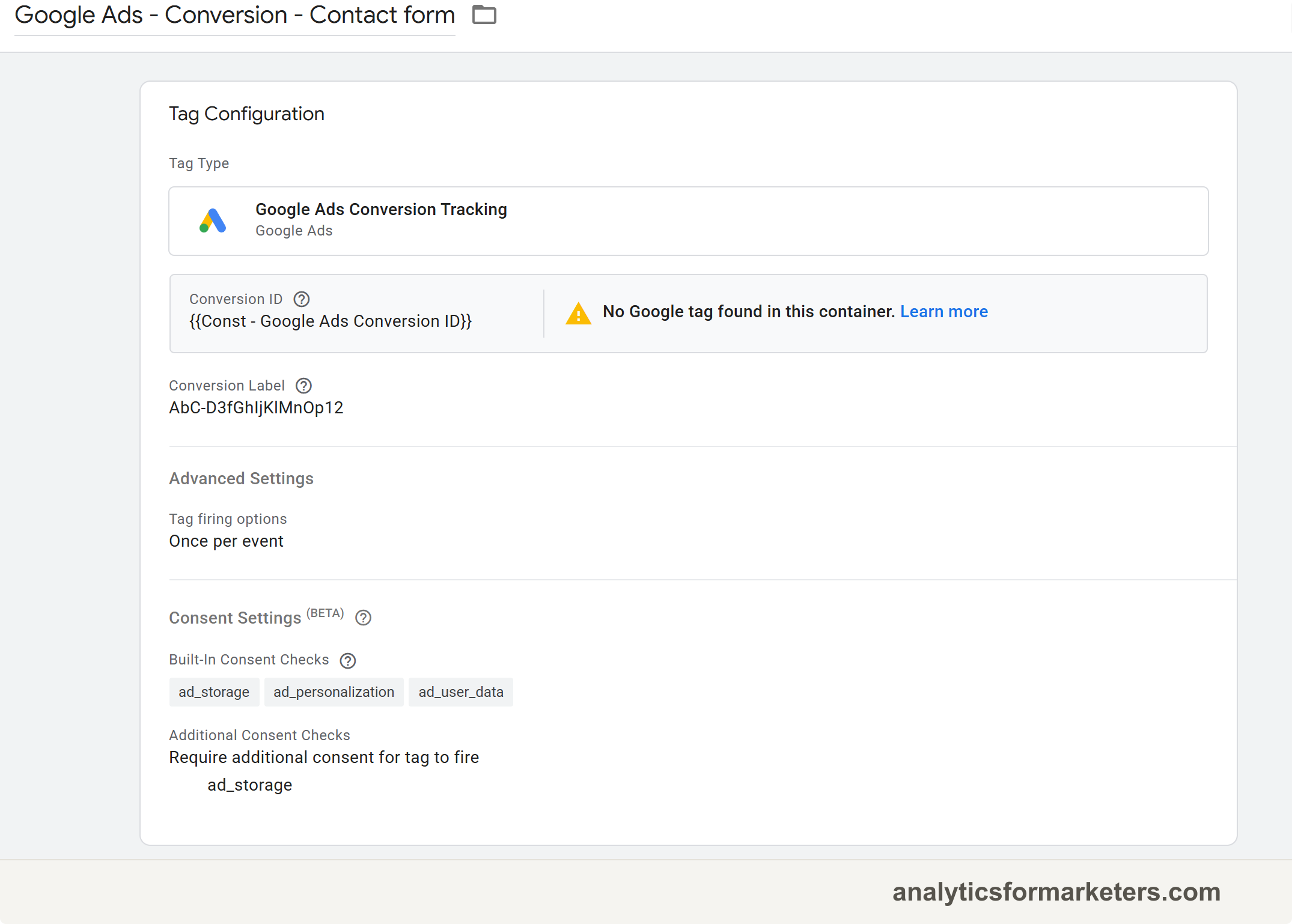 The GTM Google Ads Conversion Tracking tag configuration with the Conversion ID and Conversion Label fields filled in
