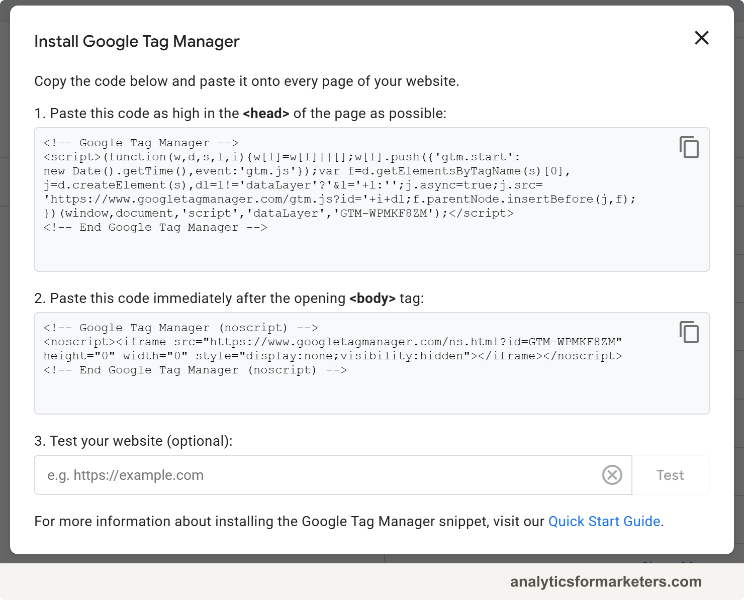 The Install Google Tag Manager window showing both code snippets with copy buttons, and instructions for where each snippet belongs