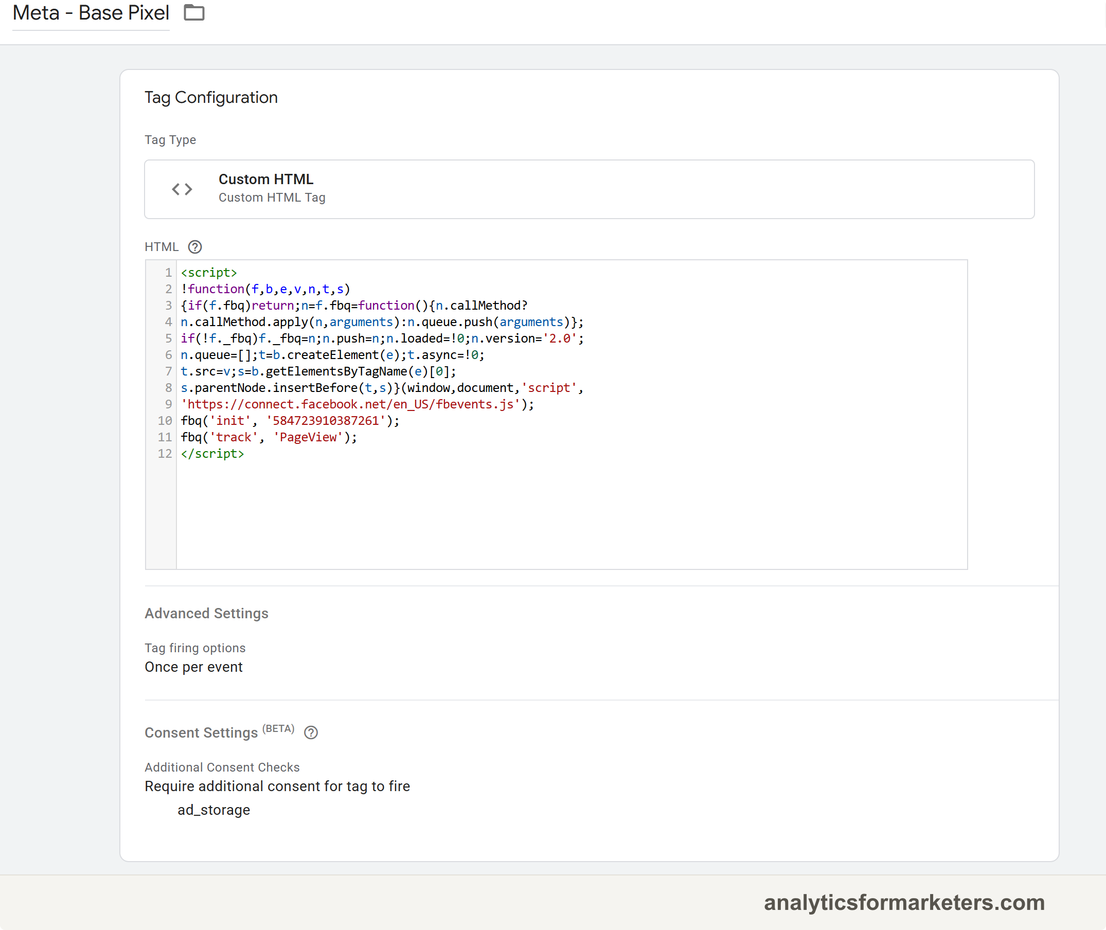 A GTM Custom HTML tag named Meta Pixel - Base Code with the pixel base code pasted in and the All Pages trigger attached