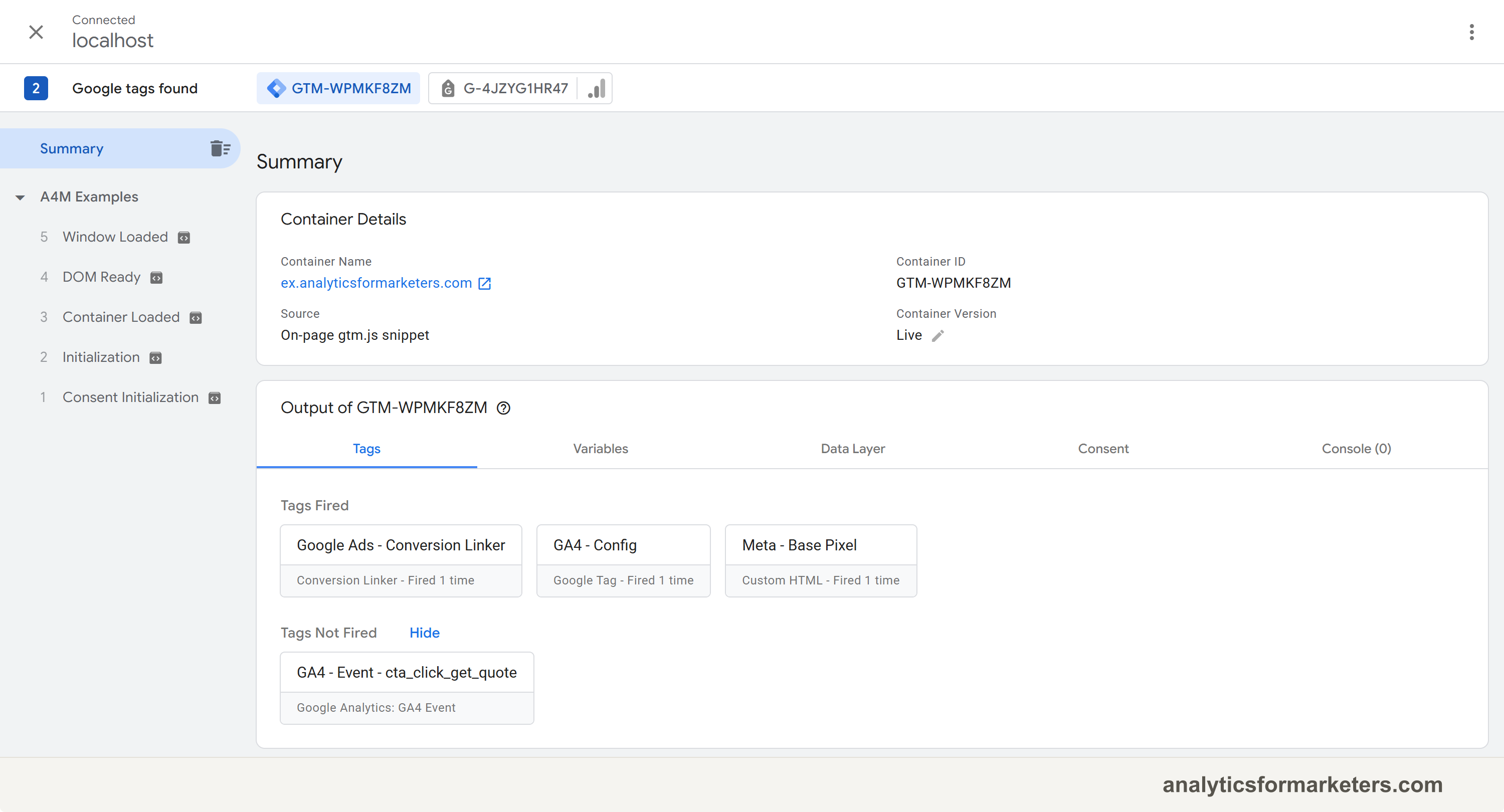 Tag Assistant summary showing the container found on the page with tags fired after connecting to the site
