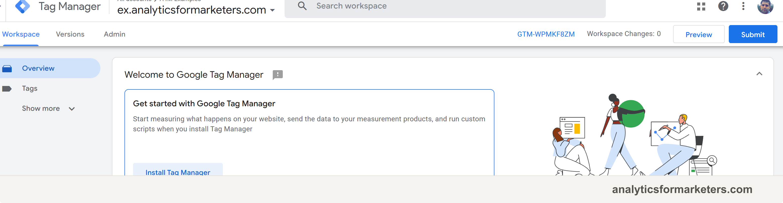 The Google Tag Manager workspace right after account creation, with the GTM-XXXXXXX container ID visible in the top bar