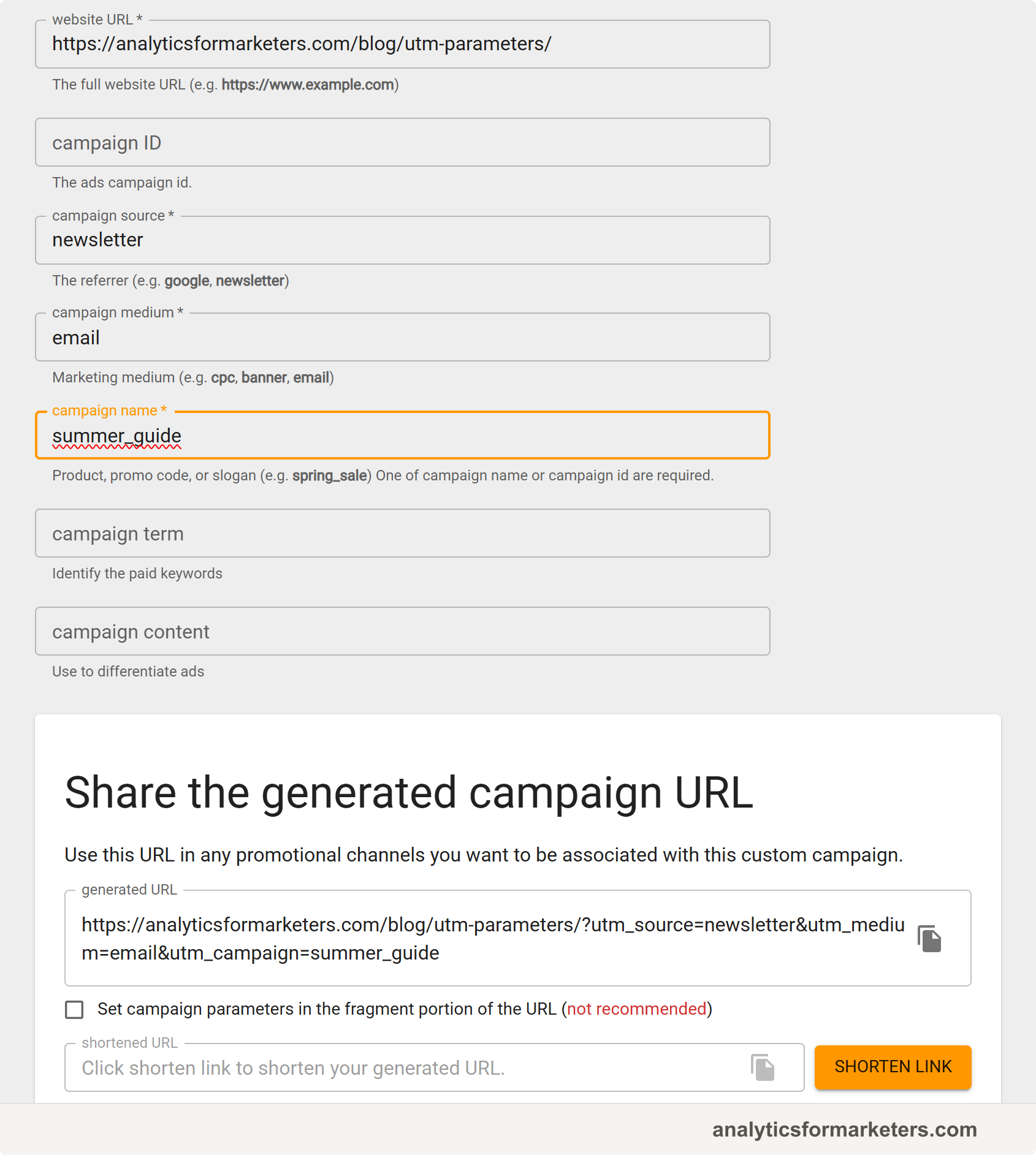 Google's Campaign URL Builder with the website URL, campaign source, campaign medium, and campaign name fields filled in, and the generated campaign URL shown in the box below the form